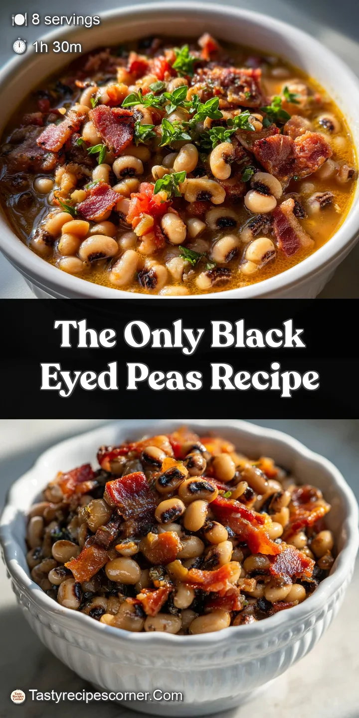 Close-up of tender black-eyed peas, infused with smoky bacon. A shimmering, savory sauce hints at hours of slow-cooked fla...
