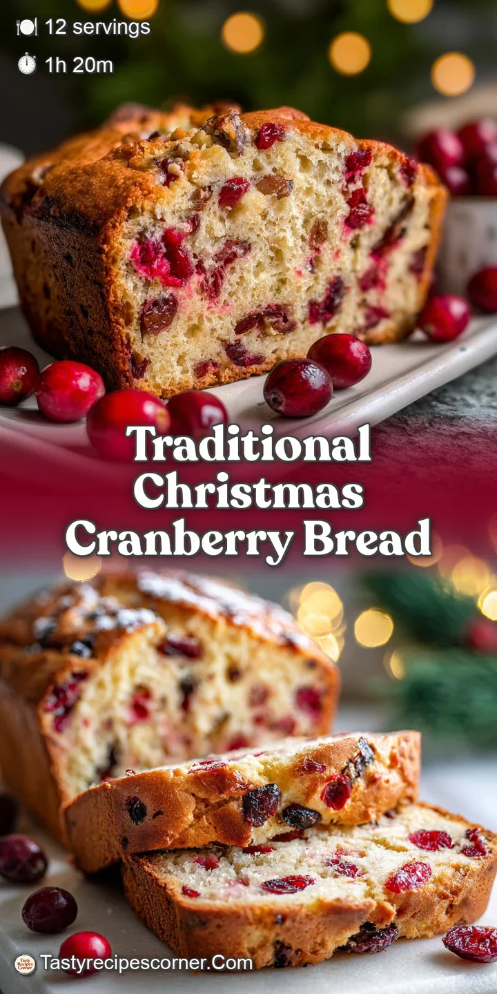 Close-up of cranberry bread's surface, highlighting its glistening cranberries and sugary dusting, suggesting a sweet, tar...