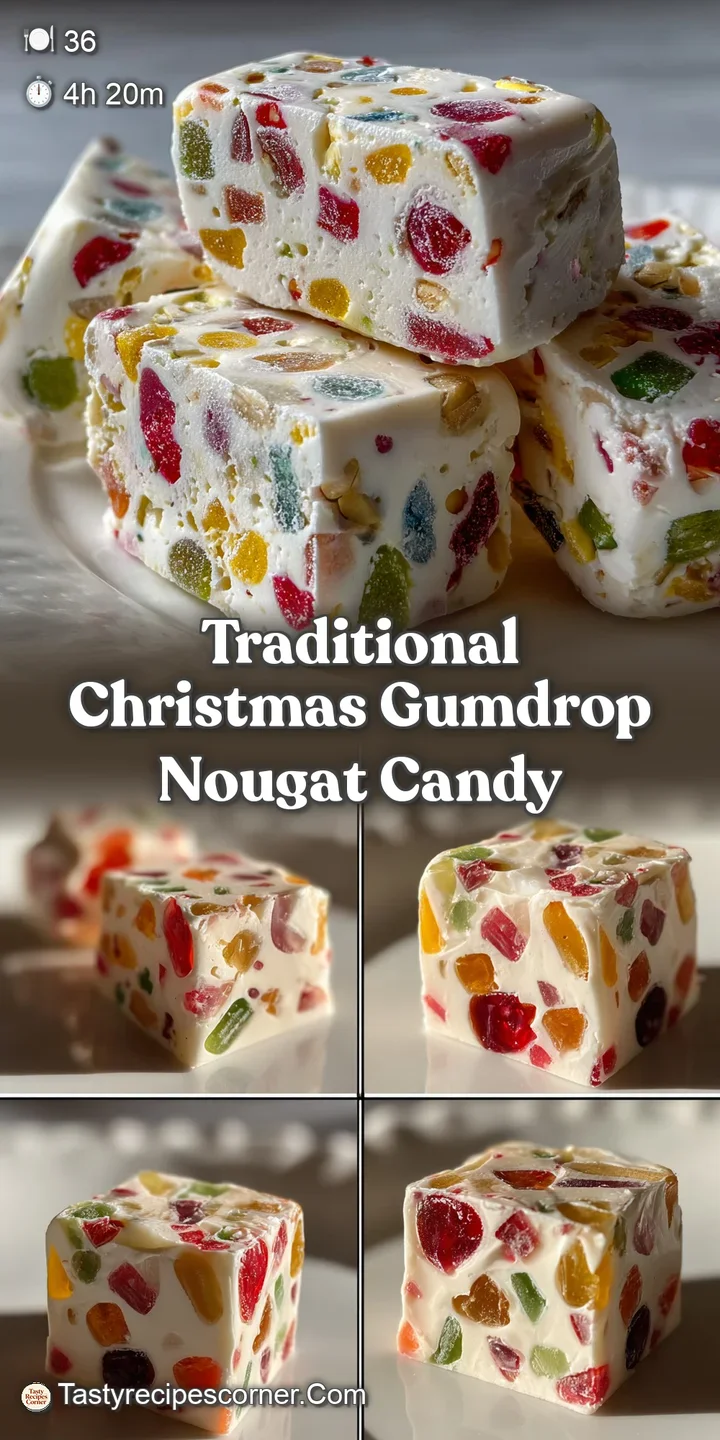 Close-up of gumdrop nougat, showing the vibrant colors and chewy texture. A dusting of powdered sugar hints at its sugary ...