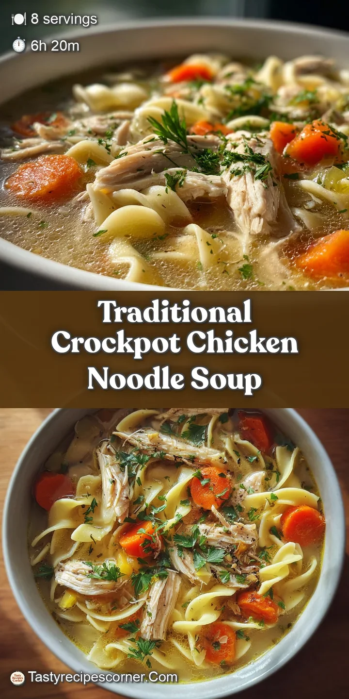 Close-up of creamy chicken noodle soup. Tender shredded chicken, soft noodles, and vibrant diced carrots swim in a golden,...