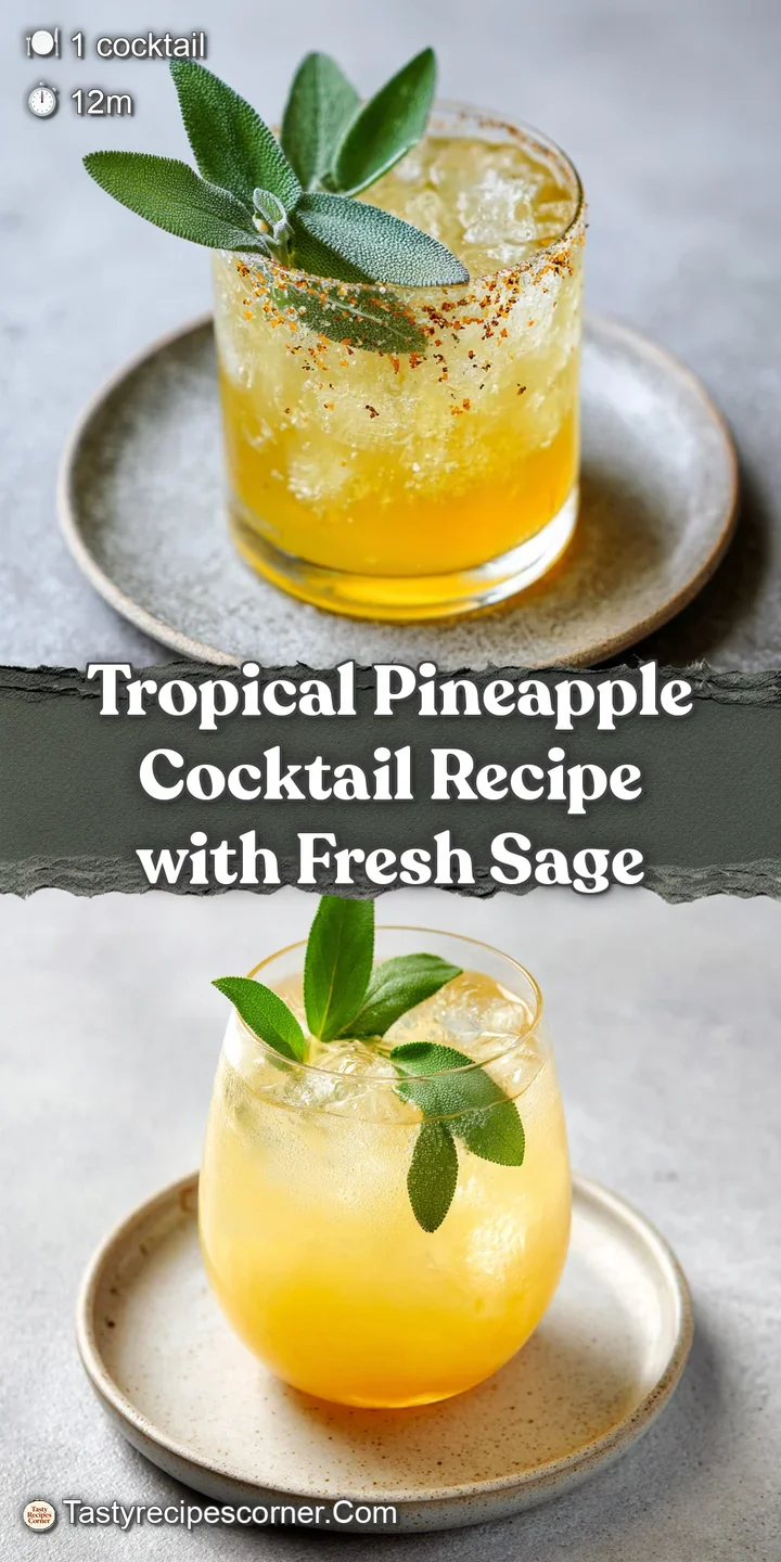 Close-up of a frothy pineapple cocktail. Muddled sage peeks through the foam, promising an herbaceous, tropical flavor burst.