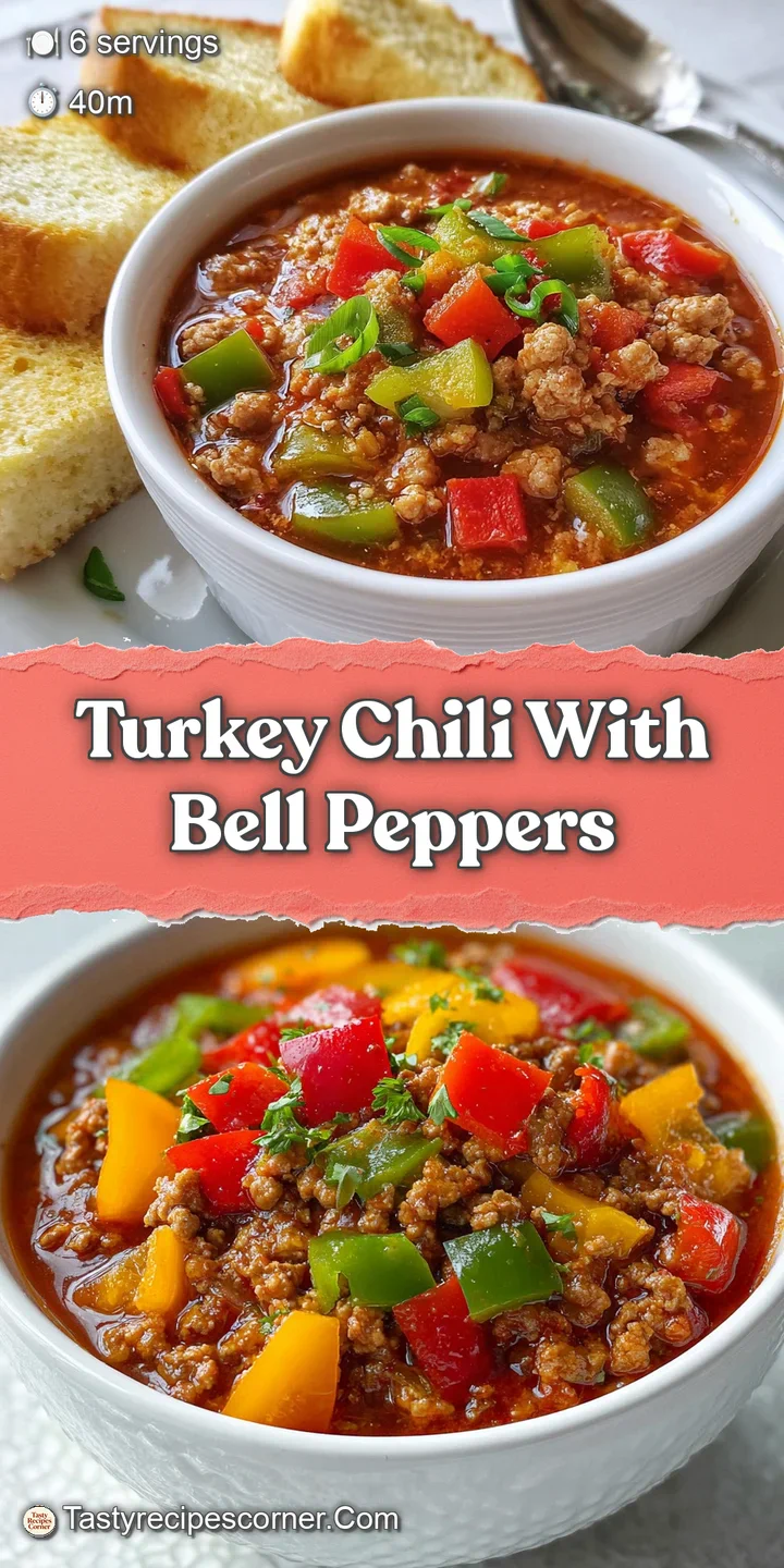 Close-up of hearty turkey chili, showcasing the tender ground turkey, colorful peppers, and simmering, slightly-glossy sauce.