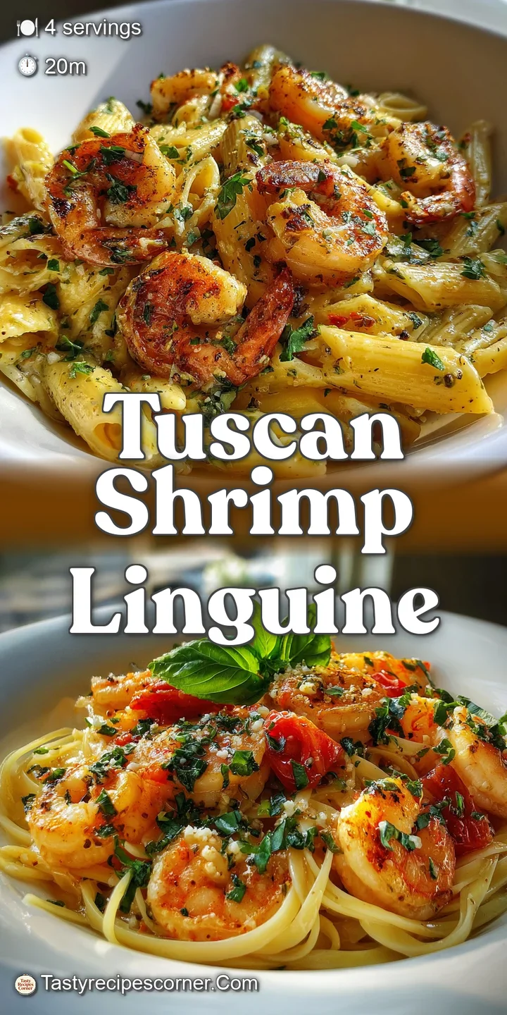 Close-up shows al dente pasta coated in a luscious, creamy sauce, studded with juicy shrimp. Garlic and herb flecks visible.