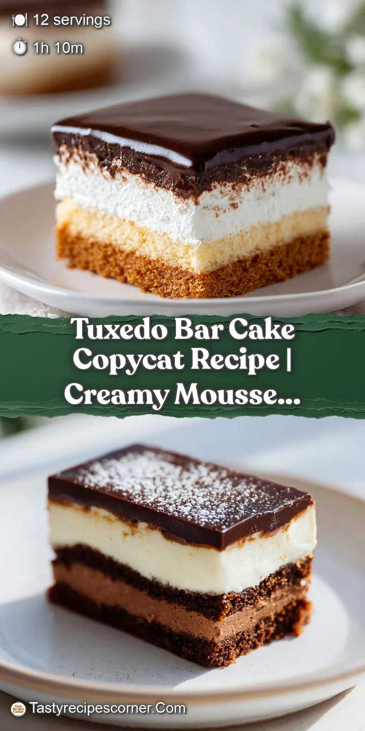 Close-up reveals the decadent layers of a tuxedo bar cake. Rich chocolate, creamy filling, and glistening ganache invite a...