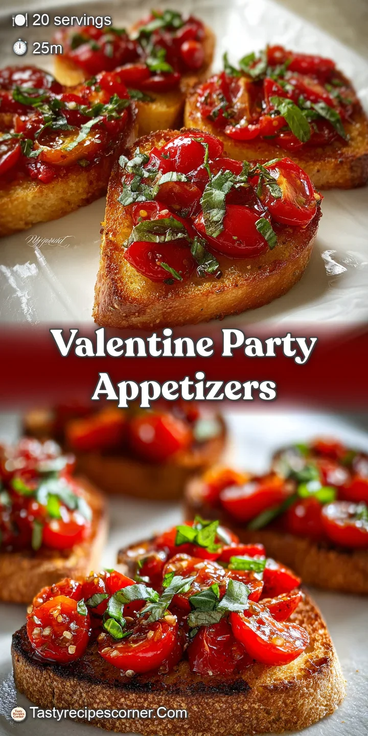 Close-up of a heart bruschetta, showcasing the flaky toasted bread, juicy red tomato, and vibrant green basil on top.