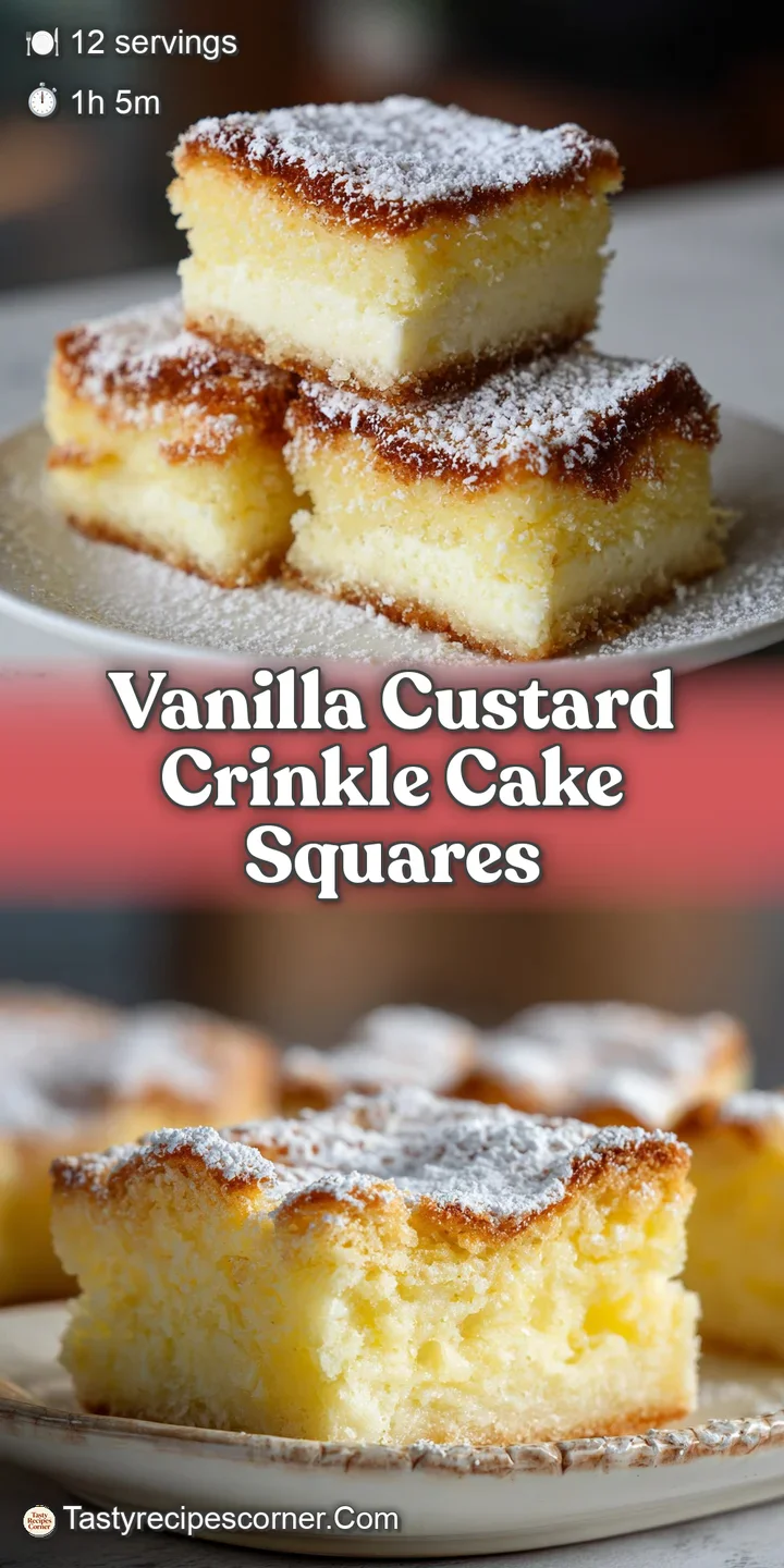 Close-up of a vanilla custard cake square, showing the moist crumb and a dusting of fine powdered sugar. Soft, inviting te...