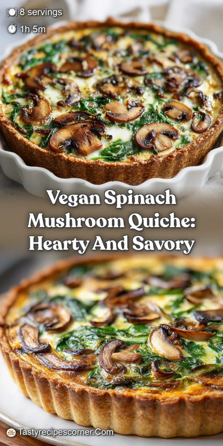 Close-up of a vegan spinach and mushroom quiche. Silken tofu filling is lightly browned and studded with green and brown.
