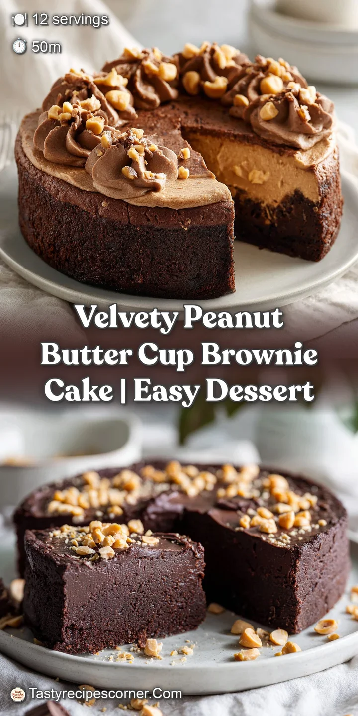 Close-up of fudgy chocolate brownie cake with creamy peanut butter frosting, showcasing rich textures and chocolate drizzle.