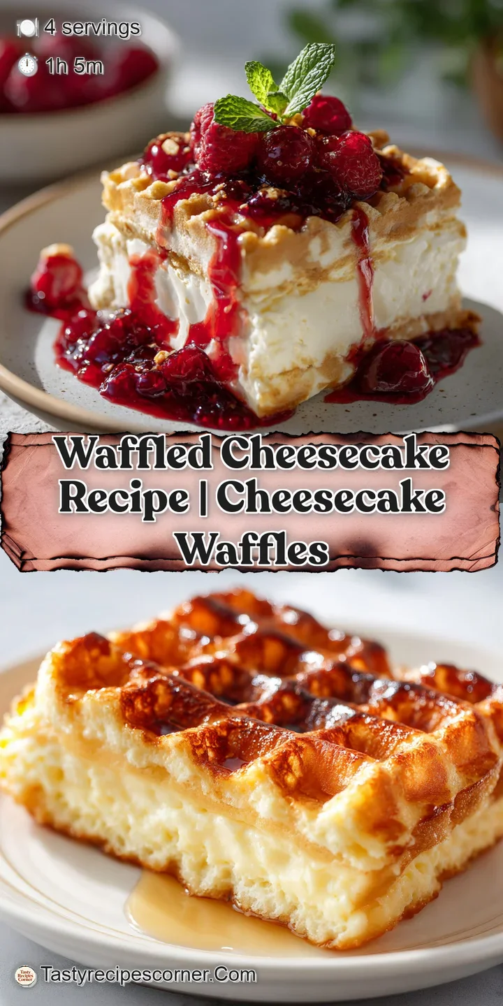 Close-up of a waffled cheesecake, showing crisp edges and a creamy center. Topped with a luscious caramel drizzle, tempting!