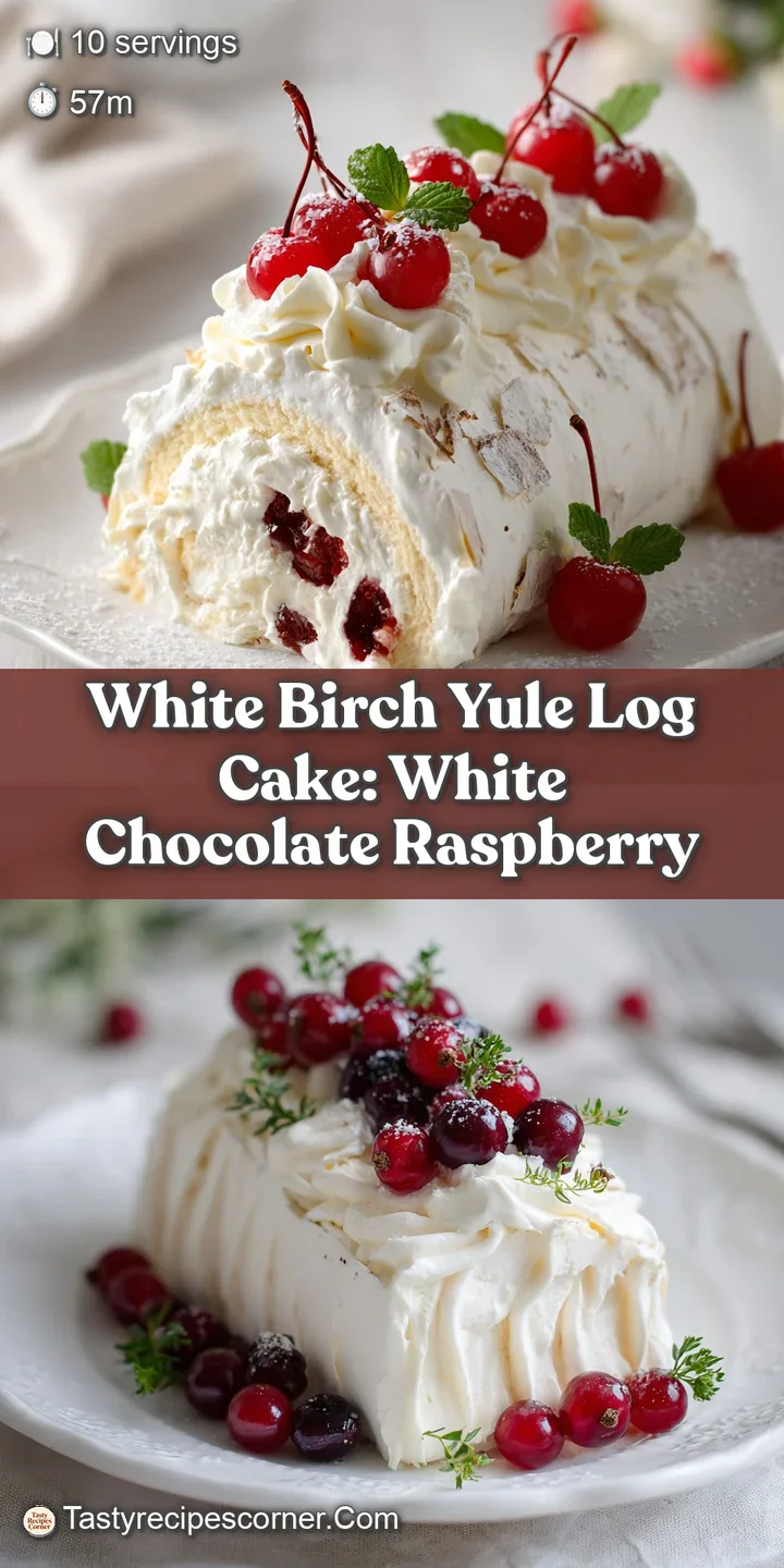 Close-up of Yule Log cake with cream frosting, meringue mushrooms, and bright red sugared cranberries dusted in powdered s...