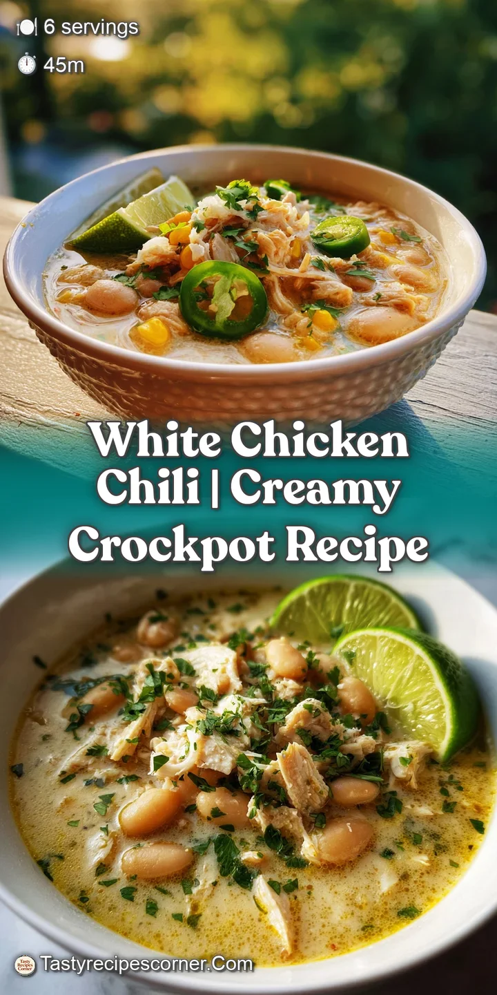 Close-up of white chicken chili showing tender chicken, creamy broth, and bits of green chiles. A spoonful beckons, warm a...