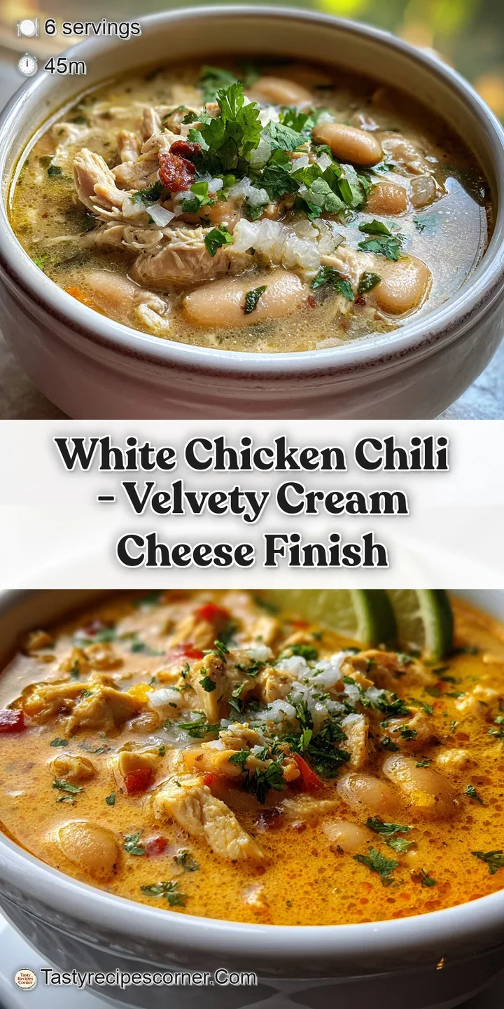 Close-up of creamy, comforting white chili. Tender chicken, herbs, and a rich broth invite a spoonful.
