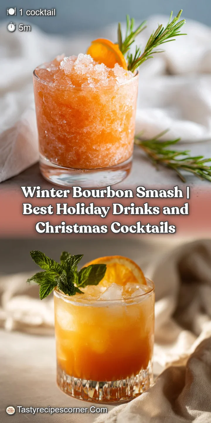 Close-up of an ice-filled glass holding a rich amber cocktail, glistening cranberries, and a frosted sprig.