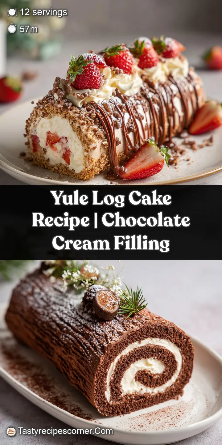 Close-up of a yule log cake revealing the creamy filling and rich chocolate ganache swirled to resemble bark texture.