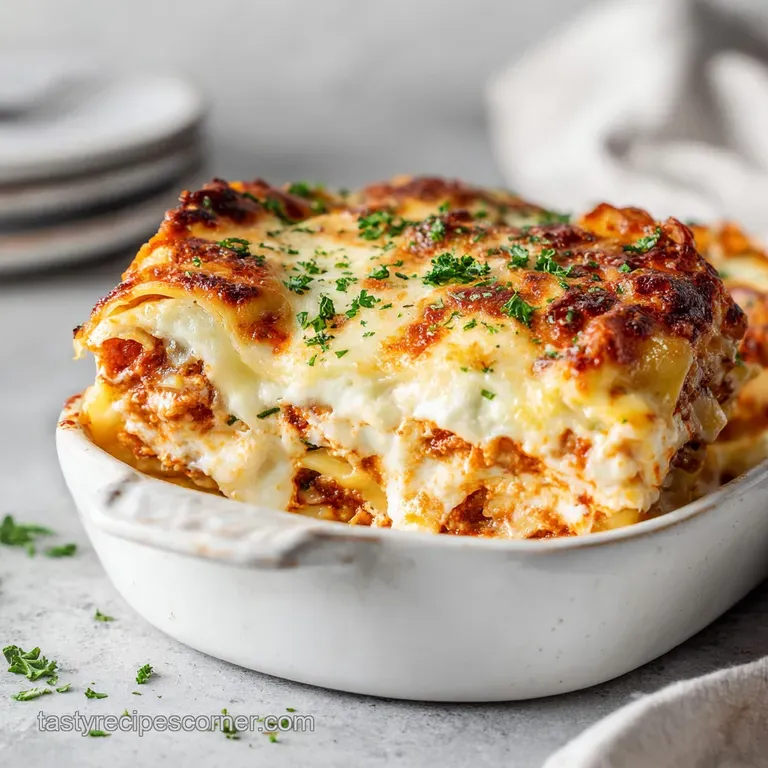 A rustic ceramic dish overflowing with cheesy ravioli bake, rich red sauce, and a garnish of green herbs.