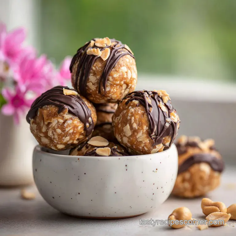 Three energy balls stacked; creamy peanut butter swirls visible amidst hearty oats and hints of flax; inviting and wholesome.