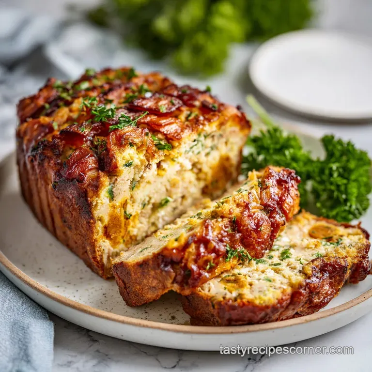 A thick slice of savory meatloaf, glistening with glaze, rests on a white plate.