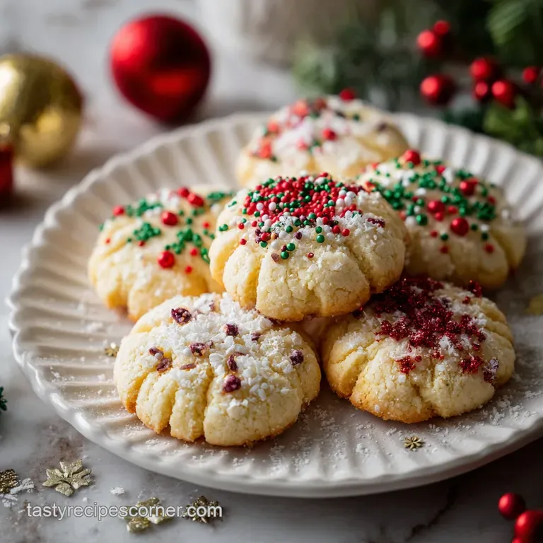 Close-up of a beautifully decorated butter cookie with intricate icing details, shimmering sprinkles, and a dusting of pow...
