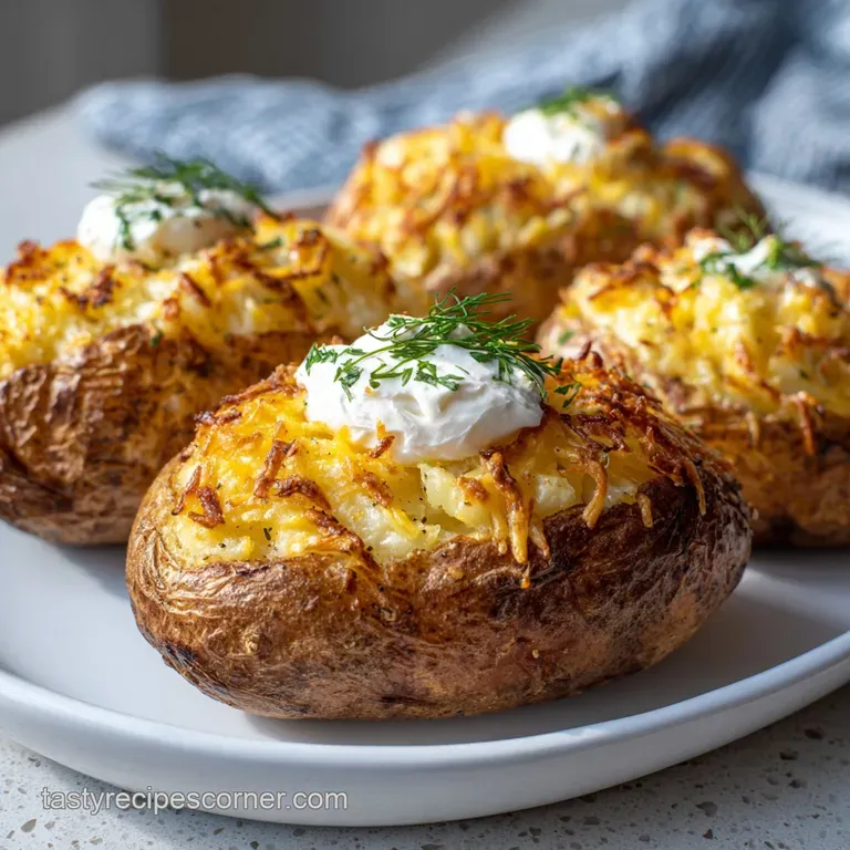 Perfectly air-fried baked potato, split open with a pat of melting butter, sea salt flakes, and fresh snipped chives.