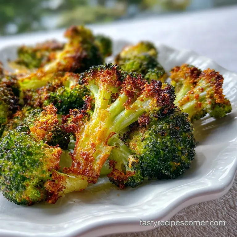 Perfectly charred broccoli spears are artfully arranged on a white plate. Lemon wedges add a pop of yellow and freshness t...