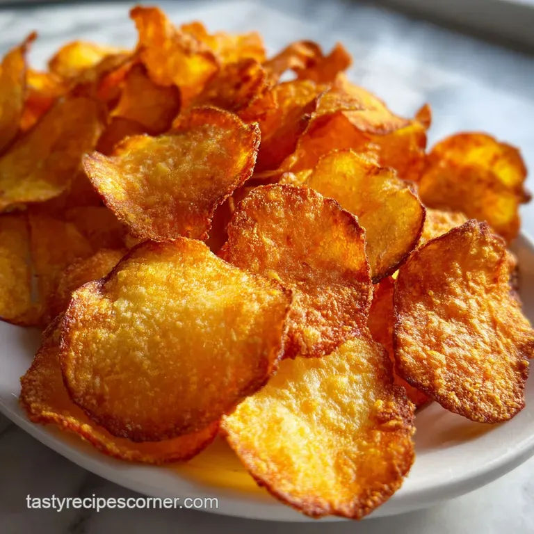 Stack of crispy, golden air fryer chips presented in a rustic wire basket on a wooden surface, ready to serve and enjoy.