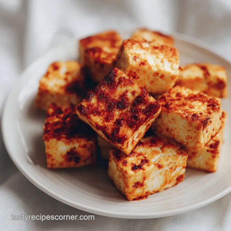 Perfectly cubed, crispy air fryer tofu artfully arranged on a bed of vibrant green kale. Sesame seeds add texture and visu...