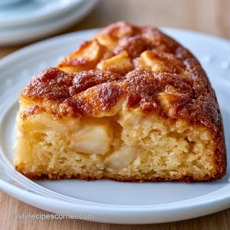 A square slice of warm golden cake on a white plate, paired with a swirl of cream and a dusting of cinnamon.
