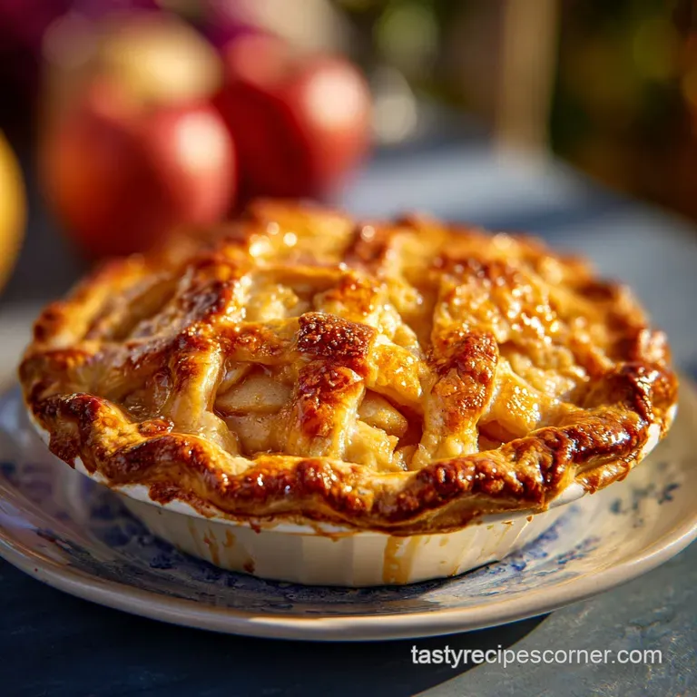 A slice of warm apple pie with a buttery, flaky crust, topped with a scoop of vanilla ice cream melting down the side.