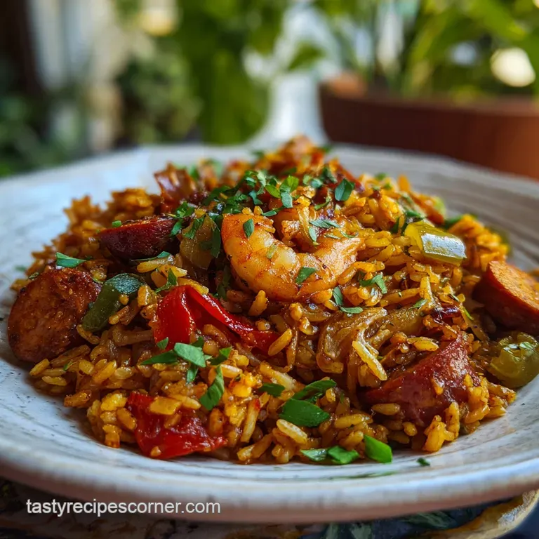 A generous portion of rich, orange-hued jambalaya artfully arranged in a rustic bowl, topped with fresh green herbs.