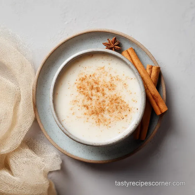 A tall glass of chilled horchata, speckled with cinnamon, garnished with mint and ice.