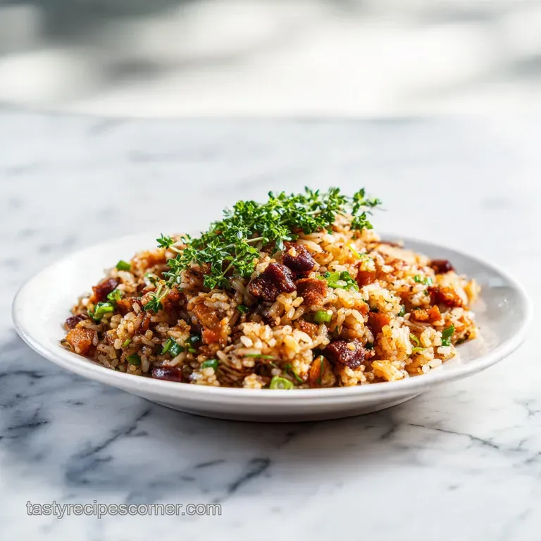 A heaping scoop of savory, dark rice garnished with fresh green herbs, served in a rustic bowl.