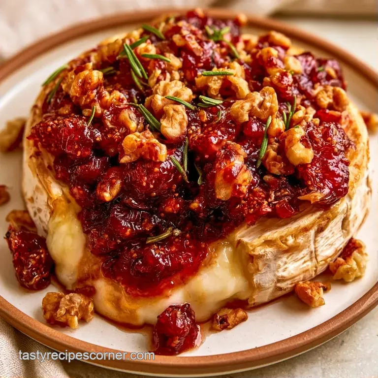 Melted white cheese topped with deep purple jam and toasted walnuts, surrounded by crisp crackers on a wooden board.