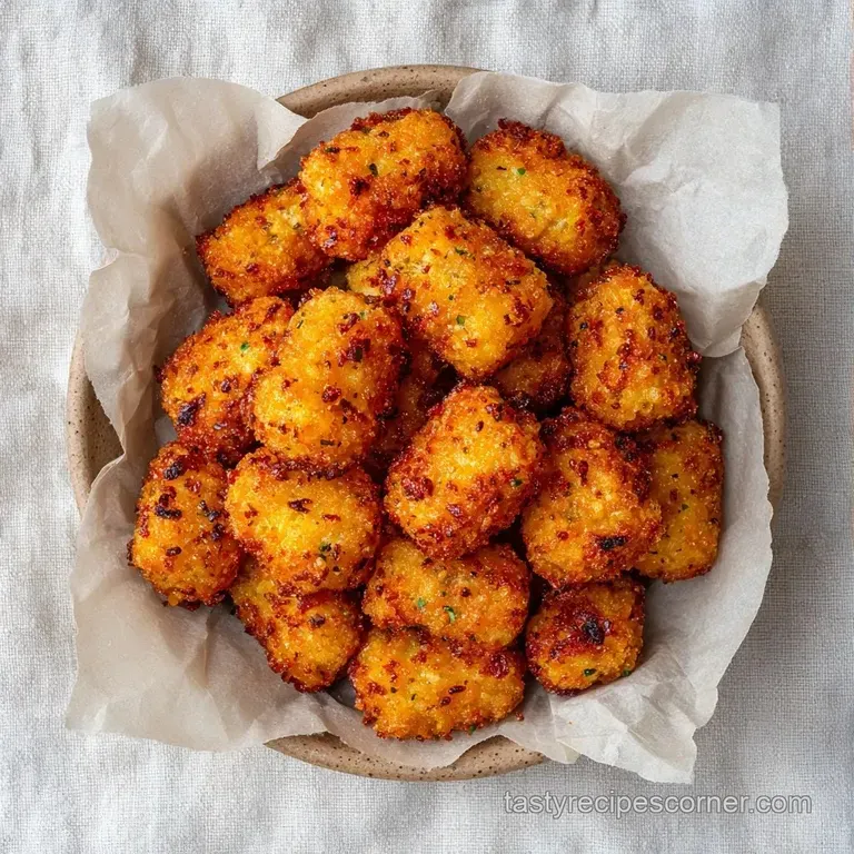 Golden vegetable cylinders arranged neatly on a white platter, garnished with fresh herbs and a small bowl of sauce.