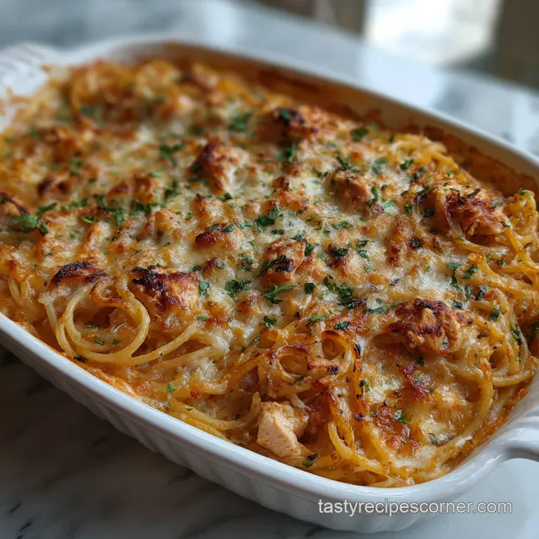 Elegant plate with a generous serving of creamy spaghetti; tender chicken pieces and a sprinkle of herbs enhance the comfo...