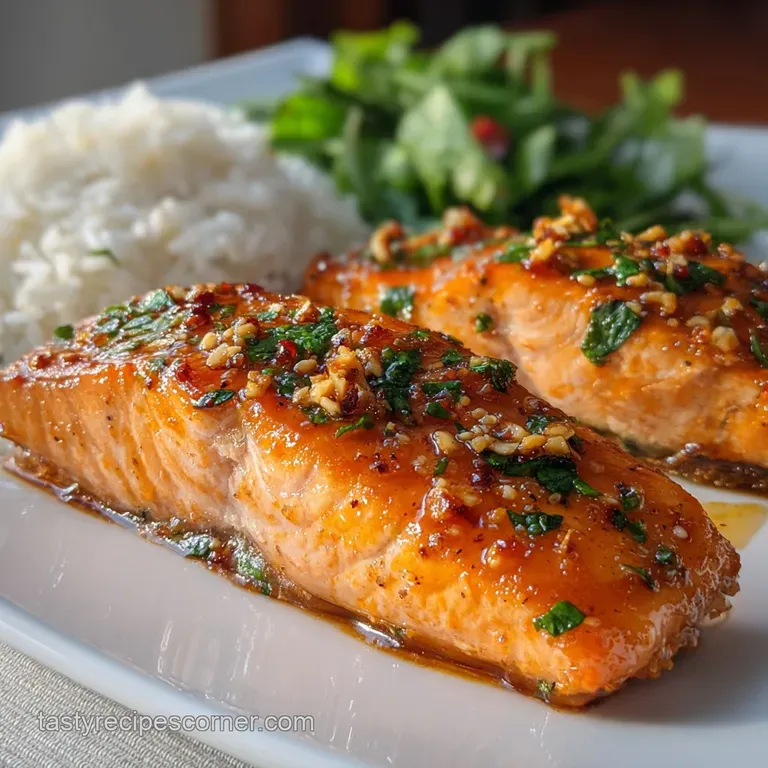 Honey-glazed salmon fillet artfully plated with vibrant green asparagus and a sprinkle of fresh herbs; a restaurant-worthy...