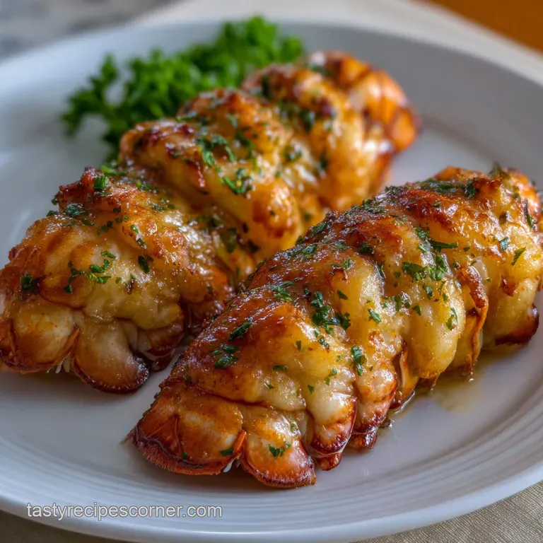 Elegant, single lobster tail artfully plated with a lemon wedge and sprig of parsley. Delicate, flaky texture appears incr...