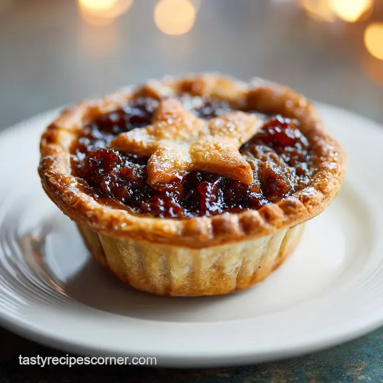 A single mince pie, flaky and glistening, served on a delicate china plate alongside a dollop of rich, clotted cream.