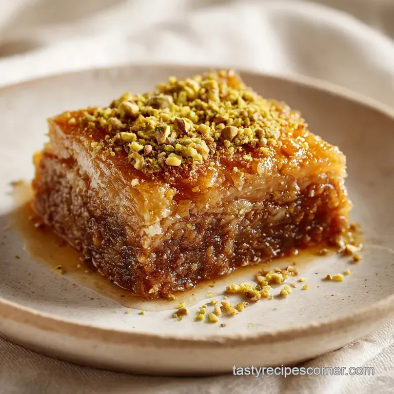 A slice of layered baklava fudge drizzled with syrup sits on a white plate, showcasing the flaky layers and nut topping.
