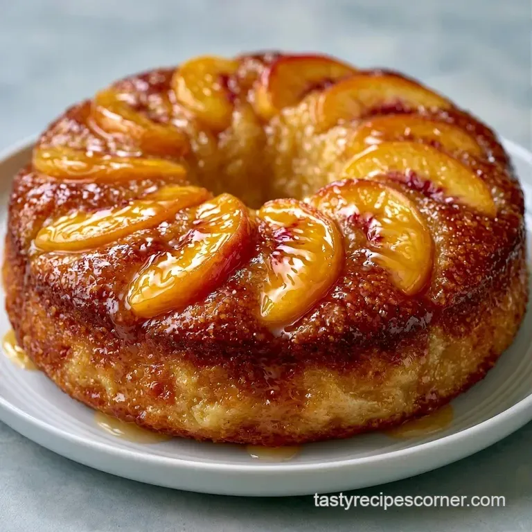 A delicate slice of golden peach cake on a white ceramic plate, paired with a dollop of cream and fresh mint.