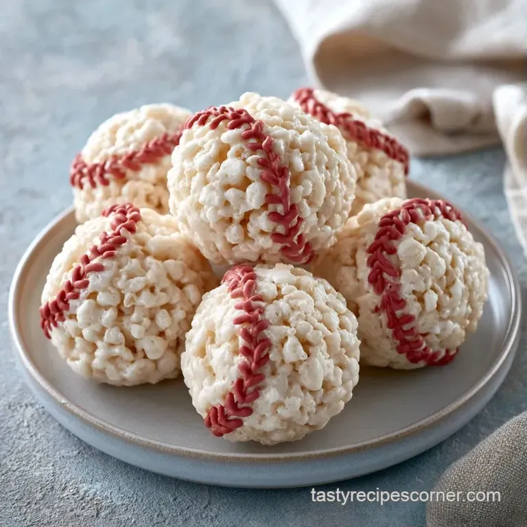 Spherical white marshmallow treats with red piping details arranged neatly on a rustic board beside a baseball glove.