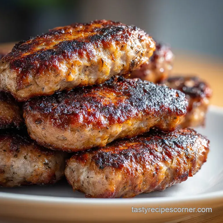 Savory sausage patties served on a plate next to eggs. The meat has a rich brown color, seasoned with herbs and spices.
