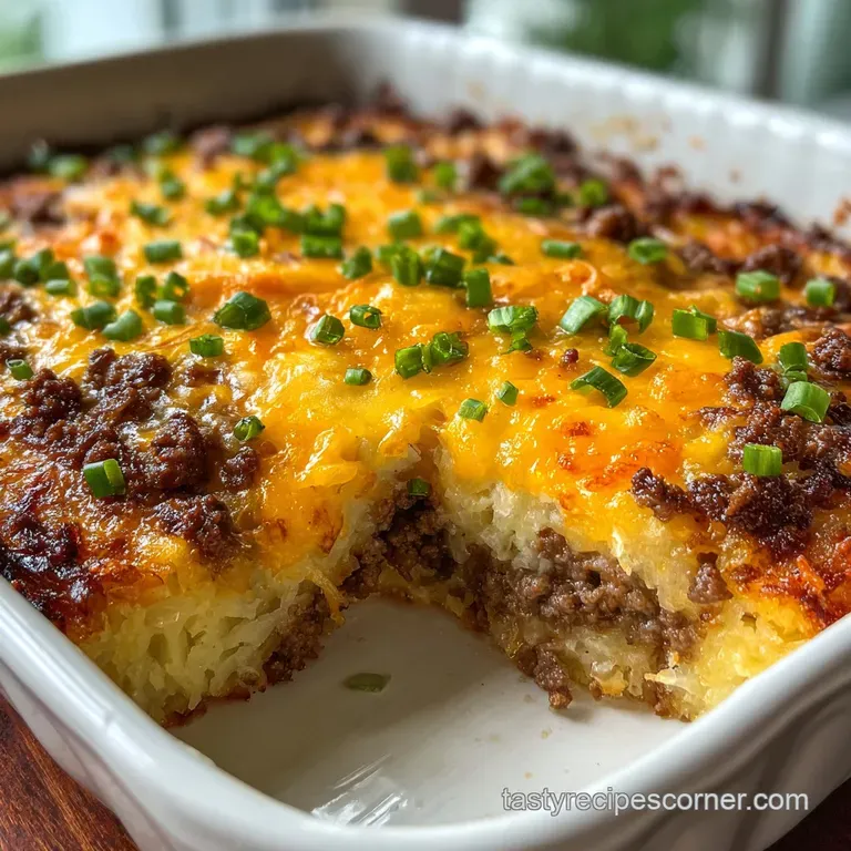 Creamy, cheesy hashbrown casserole with savory ground beef filling served in a rustic dish and garnished with fresh herbs.
