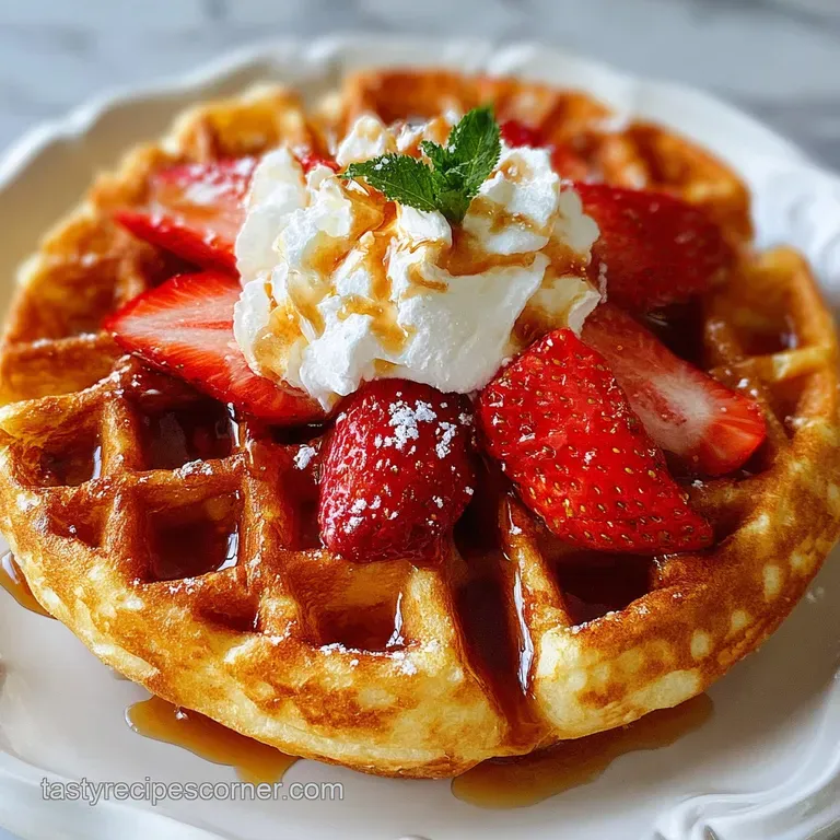Stacked Belgian waffles with whipped cream, strawberries & blueberries. A drizzle of syrup completes this elegant, colorfu...