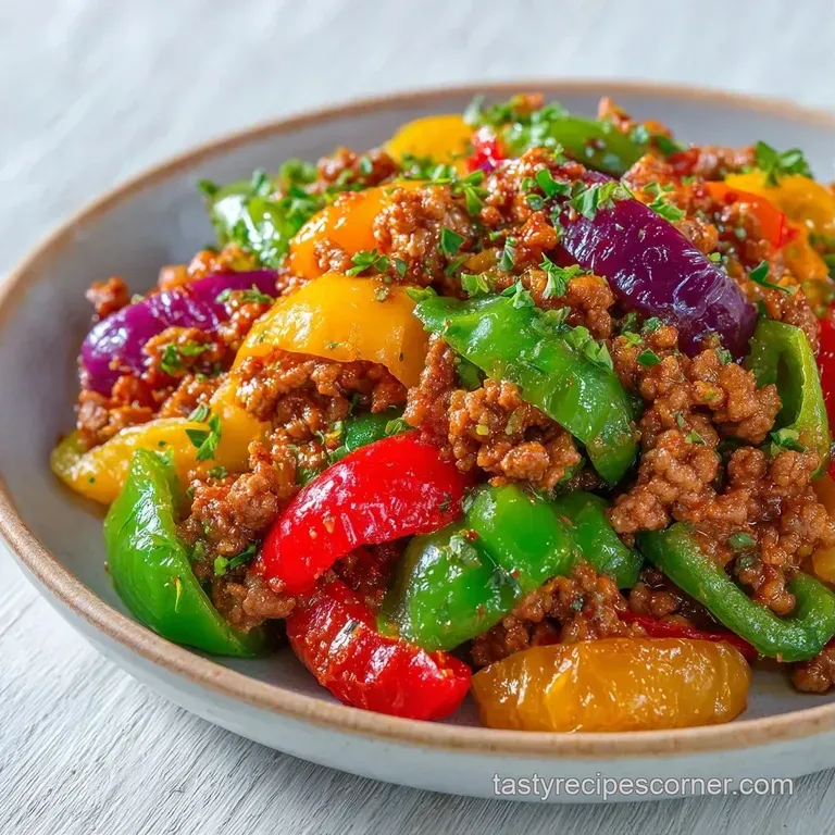 A white ceramic platter of colorful pepper slices layered with browned beef and melted cheese, served with dips.