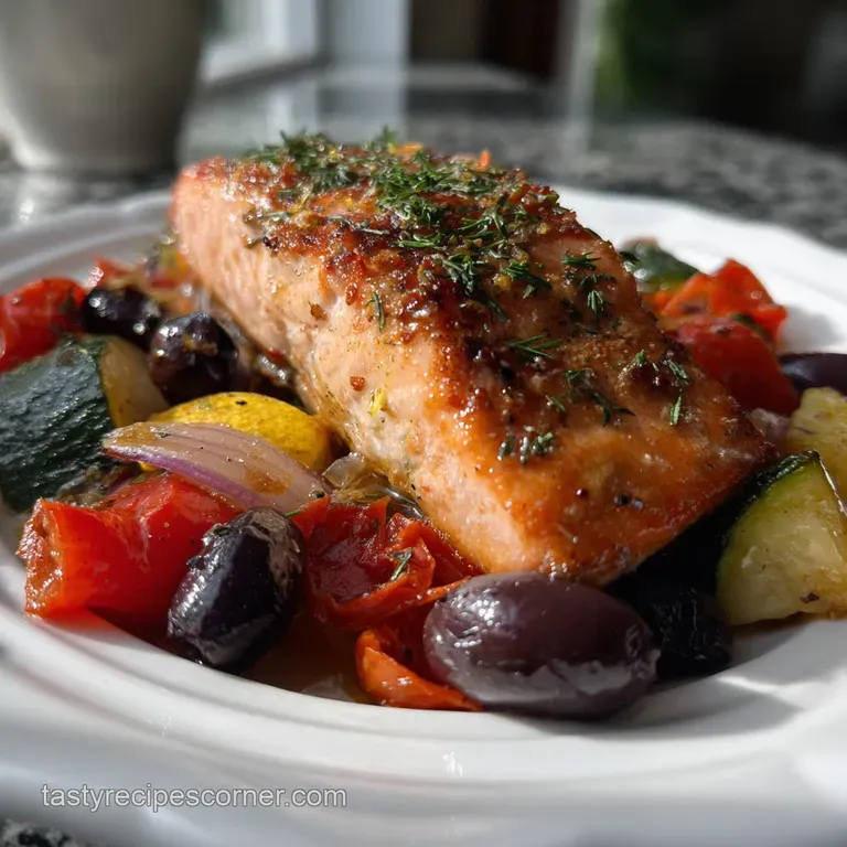 A beautifully plated, quick sheet pan meal. The chicken boasts a golden-brown hue, surrounded by colorful, tender-crisp ro...