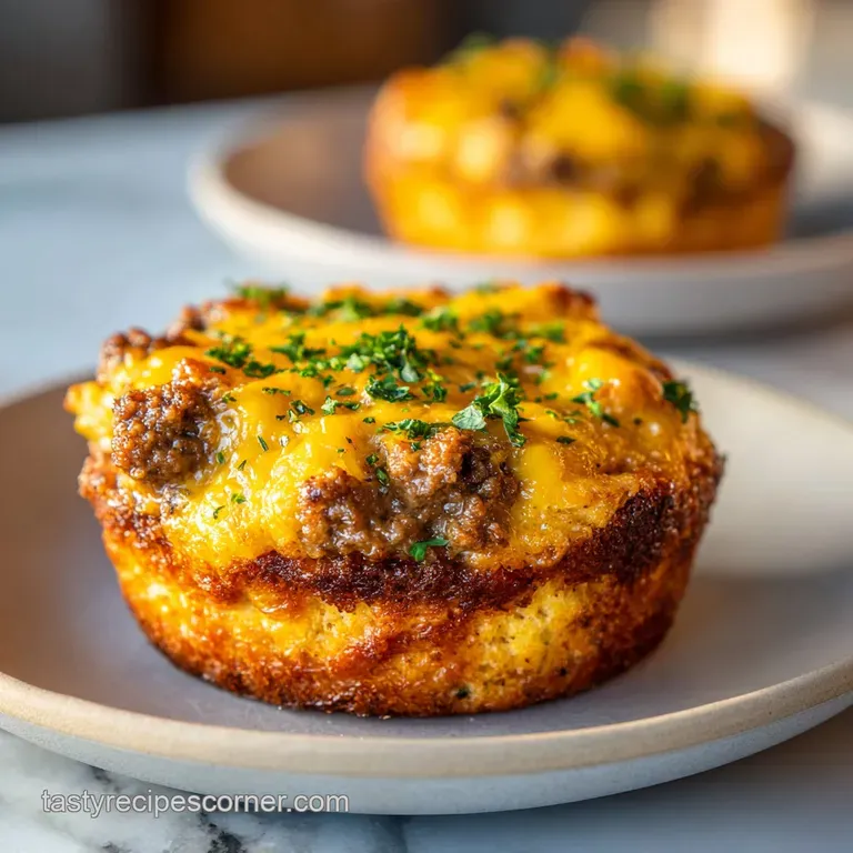 Wedge of cheeseburger pie on a plate, steam rising. The flaky biscuit crust has browned edges; cheese is melted and gooey.