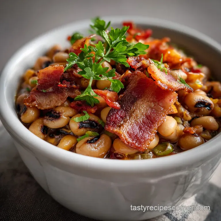 A rustic bowl filled with plump black-eyed peas, dotted with crispy bacon, reflecting the warmth of a cozy meal.