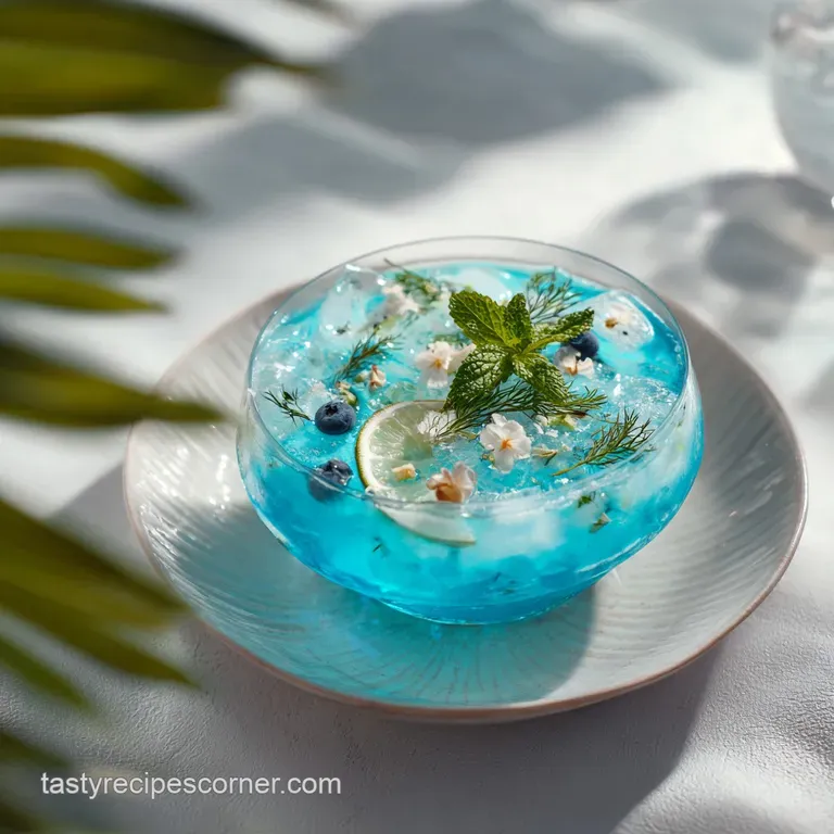 Tall glass of electric blue cocktail with condensation, adorned with a maraschino cherry.