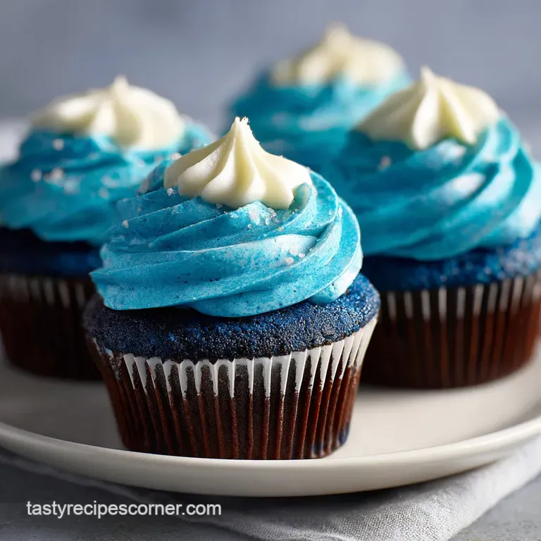 A single vivid blue cupcake with a swirl of creamy frosting sits on a delicate plate, inviting a delicious first bite.