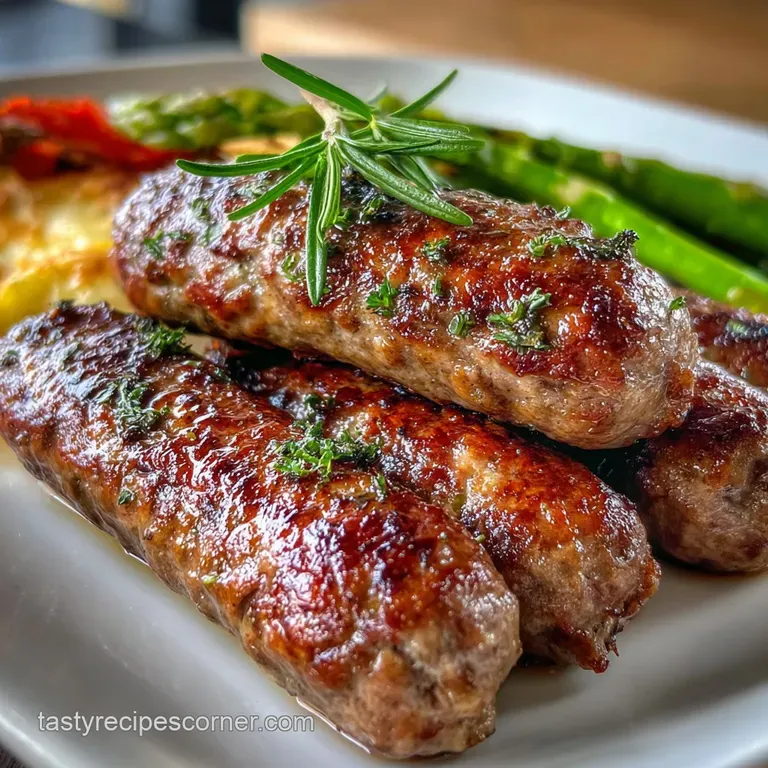 Savory breakfast sausage arranged elegantly on a plate with a sprig of fresh sage and a drizzle of maple syrup. Hints of s...